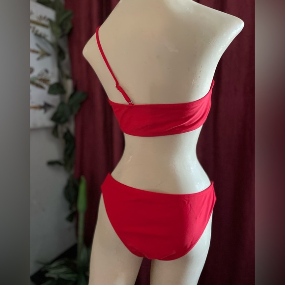 Ribbed One Shoulder Bikini 2 piece swimsuit bathing suit red size medium padded* - Picture 6 of 10